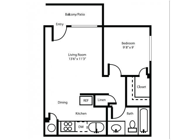 One bedroom one bathroom junior floor plan at Canyon Heights Apartments in Tucson, AZ